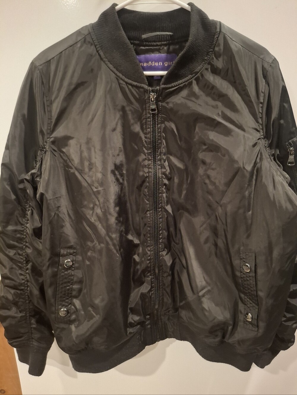 Madden Girl Black Satin Bomber Jacket